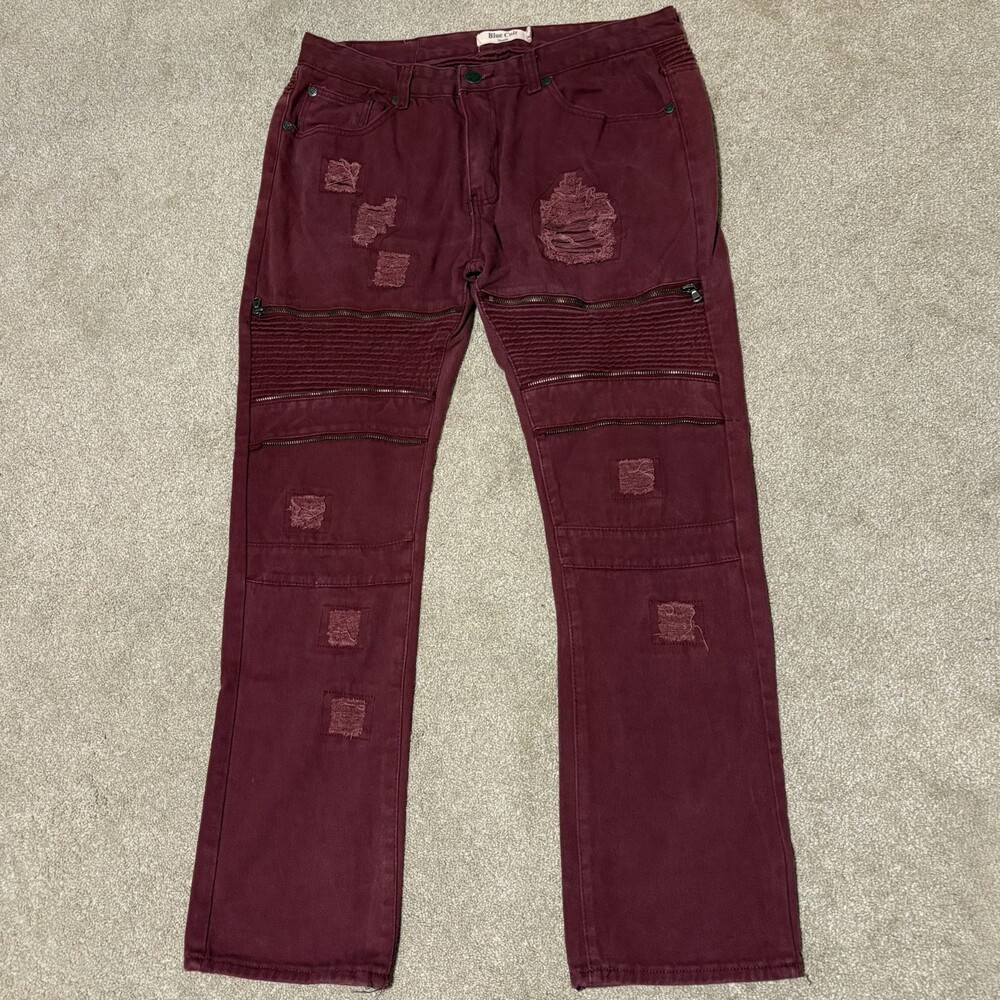 Blue Cult Denim Mens 38x33 Maroon Burgundy Distressed Biker Jeans Straight Leg
